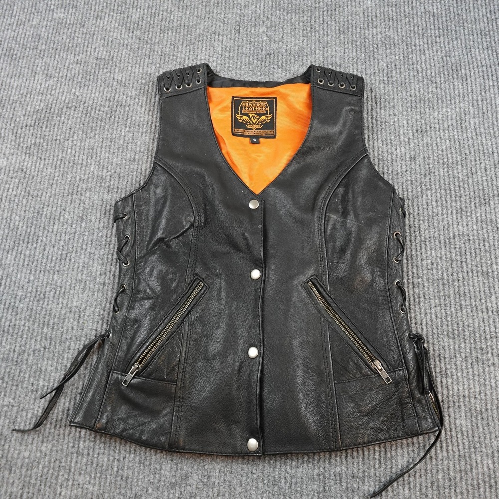 Milwaukee Leather Vest Womens Small Black Diamond Biker Lace Up Studded Zip